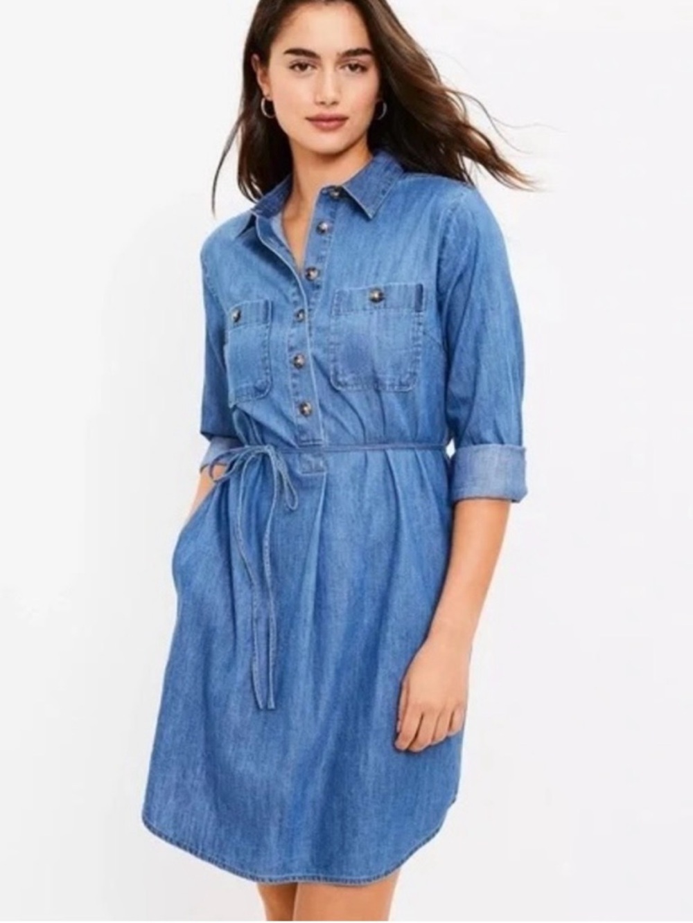 LOFT Petite Denim Chambray Shirt Dress in Light Blue - XS (XSP) NWT